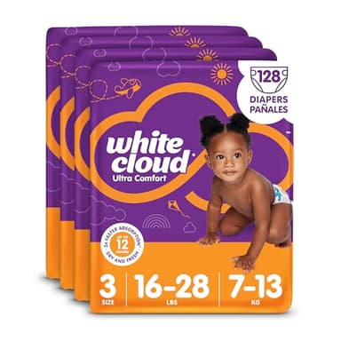 White Cloud Ultra Comfort Diapers, Size 3, 16 – 28lbs, 4 Packs of 32 = 128 Diapers