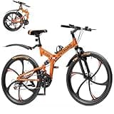 MarKnig 26 Inch Adult Folding Bikes/Mountain Bikes, 21 Speeds Mountain Bicycles with Full Suspension, Dual Disc Brake, High Carbon Steel Frame, Foldable Bike for Men/Women/Teen, HM-Orange