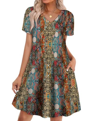 WIHOLL Summer Dresses for Women 2026 Casual Tshirts Dress with Pockets Beach Vacation Clothes Short Sleeves Flowy Sundress Loose Fit Vestidos Casuales para Mujer Spring Outfit Boho Multicolor L
