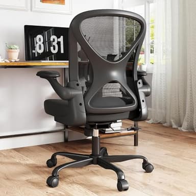 Keratee Mesh Office Chair with Adjustable Lumbar Support and Flip-up Arms, Ergonomic Home Office Desk Chair with Wheels, Black