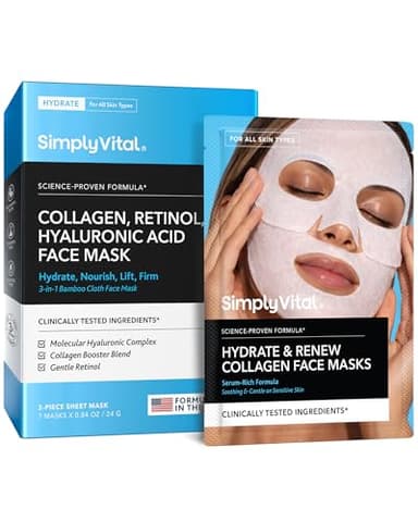 SimplyVital Collagen Facial Mask with Retinol & Hyaluronic Acid - Hydrating Face Masks Skincare - T Line & V Line Sheet Mask for Women Skin Care - Mascarillas Para la Cara - Cloth Face Masks - 7 Pack