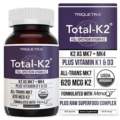 Total K2® | Vitamin K2 as MK7 & MK4 | Plus K1 & Vitamin D3 Cofactor - 620 mcg K2 per Serving - All-Trans MK7 from MenaQ7® - Full-Spectrum Vitamin K - Vegan, Organic Certified (60 Capsules)
