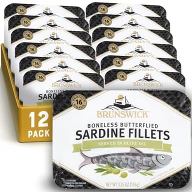 Brunswick Sardines in Olive Oil, 3.75 oz Can (Pack of 12) - Boneless Butterflied Sardine Fillets - Wild Caught - 16g Protein per Serving - Gluten Free, Keto Friendly