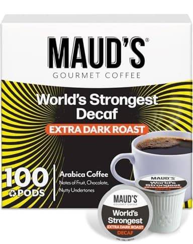 Maud's World's Strongest Decaf Coffee Pods, 100 ct, Decaffeinated Dark Roast Coffee in Recyclable Single Serve Pods – 100% Arabica Coffee, Compatible with Keurig K Cups Maker