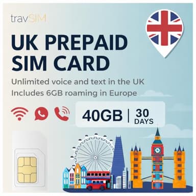 travSIM UK SIM Card | 40GB Data + Unlimited Calls & Texts | 4G/5G Speed | Works Throughout The UK | SIM Card UK is Valid for 30 Days