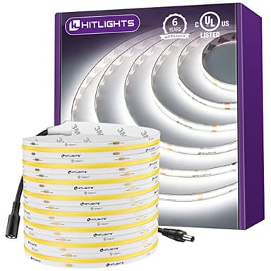 HitLights COB LED Strip Lights Cool White 5000K, 16.4ft Premium High Density 24V Tape Light, 2560 LEDs, 350+ LM/FT, CRI 90+, IP30, Lighting for Kitchen, Cabinets, UL Listed (Power Source Not Included)