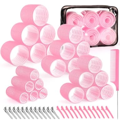4 Sizes Self-Grip Hair Rollers Set for Long, Short Hair and Bangs - 50 Pcs with Clips (25mm, 36mm, 48mm, 60mm), Pink