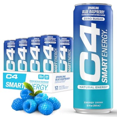C4 Smart Energy Drink – Boost Focus and Energy with Zero Sugar, Natural Energy, and Nootropics - 200mg Caffeine - Blue Raspberry (12oz Pack of 12)
