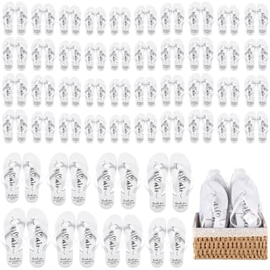 Cuffbow 48 Pairs Bulk Flip Flops for Wedding Guest Bride Sandals Spa Slippers with Size Card Organza Bag for Pool Beach Party (White)