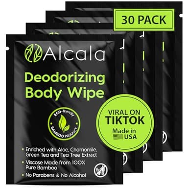 Alcala Deodorizing Body Wipes Individual Shower Wipes 100% Pure Biodegradable Bamboo Wet Wipes with Aloe Tea Tree Adult Body Wipes for Women & Men Ideal for Camping Hiking, Hospitals & Gym (30 Pack)