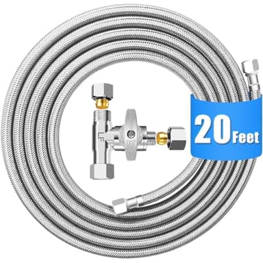 Fridge Water Line Kit - 20FT Premium Stainless Steel Braided Refrigerator Water Line with Tee Stop Valve,Foodgrade PEX Inner Tube Ice Maker Water Line with 1/4" Fittings for Refrigerator Ice Maker