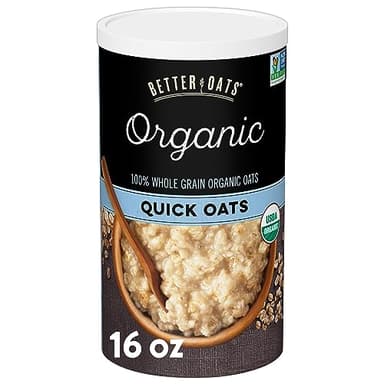Better Oats Organic Quick Oats, Organic Oats for Quick Oatmeal and Overnight Oats, Certified USDA Organic, Sodium Free, Cholesterol Free, 16 OZ Resealable Canister