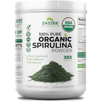 Zazzee USDA Organic Spirulina Powder, 2.2 Pounds (1 KG), 303 Servings, Certified Kosher, 100% Pure, Non-Irradiated, Mess-Free Wide Mouth Container, Fresh Smell and Neutral Taste, Non-GMO, Made in USA
