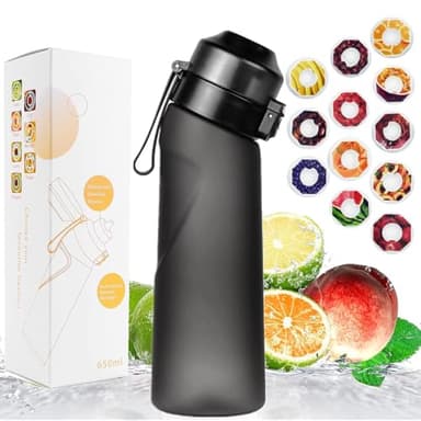 Sports Air Water Bottle BPA Free Starter up Set Drinking Bottles,650ML Fruit Fragrance Water Bottle,with 12 Flavour pods%0 Sugar Water Cup,for Gym and Outdoor Gift (Matte Black+12pcs Flavor Pod)