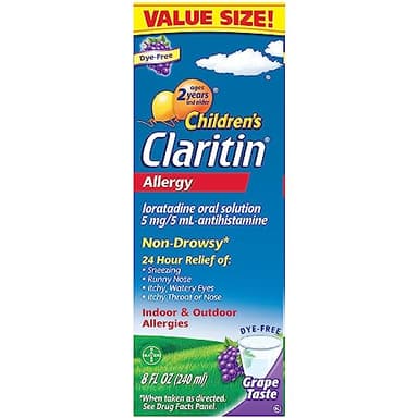 Claritin Children's Allergy Medicine, 24-Hour Non-Drowsy Loratadine 5mg, Antihistamine Liquid for Kids Aged 2 Years and Older, Grape Flavored, 8 fl oz.