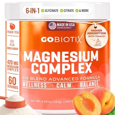 GoBiotix Magnesium Glycinate Powder – Cortisol Supplements for Women and Men – High Absorption Magnesium Complex Calm Supplement with Citrate, Malate – Sugar Free – 420 mg, 60 Servings - Peach Tea