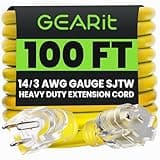 GEARit Outdoor 14 AWG Gauge 3 Prong Plug 100 Foot Extension Cord, Power Cord for Lawn, Garden, Appliances, 14/3, SJTW Heavy Duty for Indoor/Outdoor, All Purpose Weather Resistant, 100 Feet, Yellow