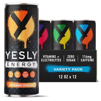 Yesly Energy Drink, Variety Pack, Naturally Flavored Sparkling Energy Drink With Electrolytes, Magnesium, Potassium, Vitamin C, B6 & B12, Natural Caffeine From Green Tea, 12 Fl Oz Cans, 12 Pack