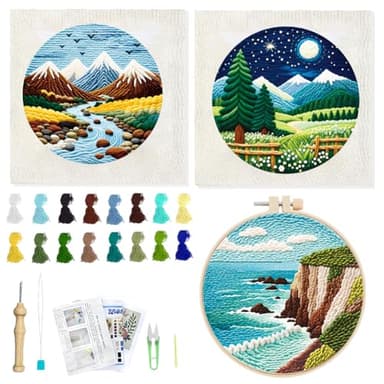 BEUNITONE 3PCS Landscape Punch Needle Kit for Adults Beginners, Complete Craft Kit Needlepoint Kits for Adults with Hoop, Punch Needle Starter Craft Set for Cloth Festival Gift and Home Decor 20X20CM