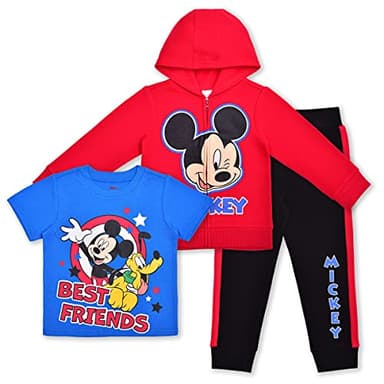 Disney Mickey Mouse Boys Zip Up Hoodie, T-Shirt and Pants Set for Toddlers and Little Kids