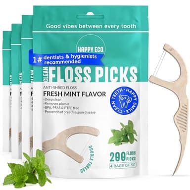Dental Floss Picks for Teeth (200ct) - Double Thread Tooth Picks Flossers for Adults, Toothpicks Floss, Vegan Corn-Straw Handle, Shred-Resistant String for Interdental Oral Care & Gum Health, Mint