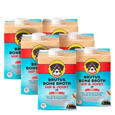 Brutus Beef Bone Broth for Dogs - All Natural Dog Bone Broth with LiquidChondroitin Glucosamine & Turmeric - Human Grade Dog Food Toppers for Picky Eaters - Tasty & Nutritious 16.9oz (Pack of 6)
