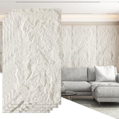 OUZUGIE 4 PCS Faux Stone Wall Panel 47.2’’ x 23.6’’ Interior Exterior Wall Decor 3D PU Panel with Lava Stone Design White