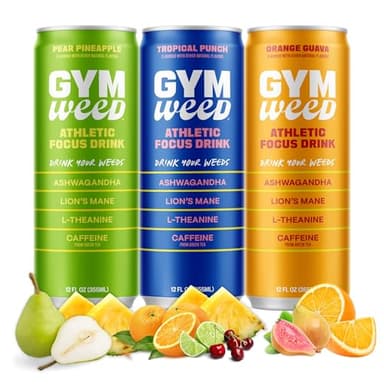 GYM WEED Athletic Focus Drink with KSM-66 Ashwagandha, Lion's Mane Mushroom, L-Theanine, 200mg Green Tea Caffeine with Natural Sweeteners Variety Pack of flavors, 12 Pack