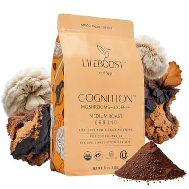 Lifeboost Cognition Adaptogenic Mushroom Coffee - Great Tasting Organic Lions Mane & Chaga Medium Roast Nootropic Coffee - Increase Energy, Boost Focus & Immune Support - 12 oz Bag - Ground