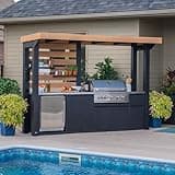 Backyard Discovery Fusion Flame Galvanized Steel Covered Outdoor Kitchen with 5-Burner Stainless Steel Grill, Pizza Oven, Refrigerator, Countertop, Storage, Steel Roof for All-Season Outdoor Cooking