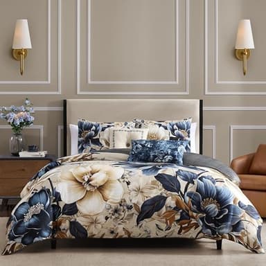 Bebejan English Manor 5 Piece Comforter Set, 100% Cotton Sateen, 220 Thread Count, Blue Reversible Bedding Comforter Set, 1 Comforter, 2 Shams & 2 Pillows (Full/Queen)