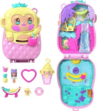 Polly Pocket Dolls and Playset, Pineapple Monkey Compact, Travel Toy with 1 Micro Doll, Pet, Hammock, Fruit Themed Accessories