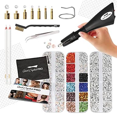 Quick Crystals Pro Hotfix Applicator, Bedazzler Kit with Rhinestones, DIY Wand Setter Tool Kit with 7 Different Tip Sizes, Tweezers, Cleaning Brush, User Manual, and 4400 Rhinestones - Black