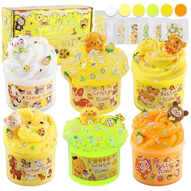 LAWOHO 6 Packs Gradient Yellow Slime Kit - Clear, Butter, Cloud Slimes, Fluffy Slimes for Kids with Charms & Animal Add-ins, Party Favors for Girls & Boys, 360ml Non Stick Slime Making Kit for Kids