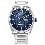 Citizen Men's Classic Eco-Drive Watch with 3-Hand Day and Date, Stainless/ Blue Dial