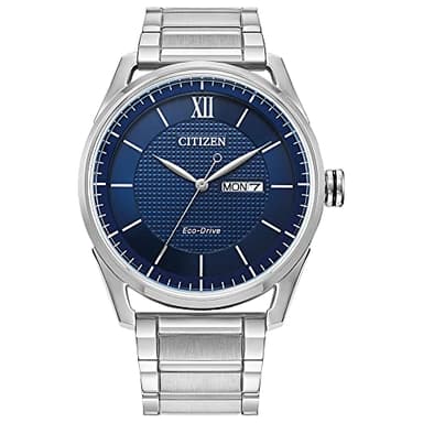 Citizen Men's Classic Eco-Drive Watch with 3-Hand Day and Date, Stainless/ Blue Dial
