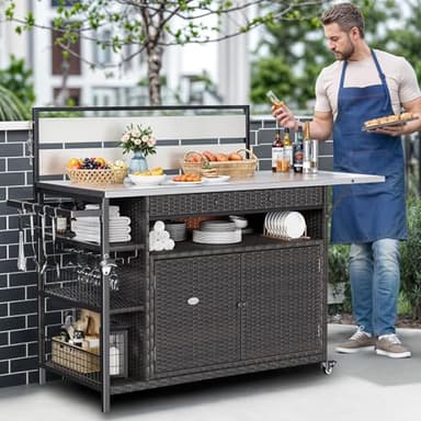 YITAHOME XL Outdoor Kitchen Island, Outdoor Bar Table & Storage Cabinet, Wheels and Stainless Steel Extended Table Top, Side Handle for Patio Kitchen or Bar Cart, Dark Brown