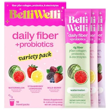 Belli Welli Daily Fiber Supplement Packets with Collagen, Probiotics & Electrolytes | Single Serve Packets for Gut Health, Digestion & Debloating | Variety | 10 Count