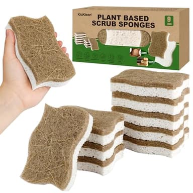 9 Pack Kickleen Biodegradable Natural Kitchen Sponges - Compostable Cellulose and Coconut Walnut Scrubber Sponge - Eco Friendly Sustainable Sponges for Dishes (9 Pack)