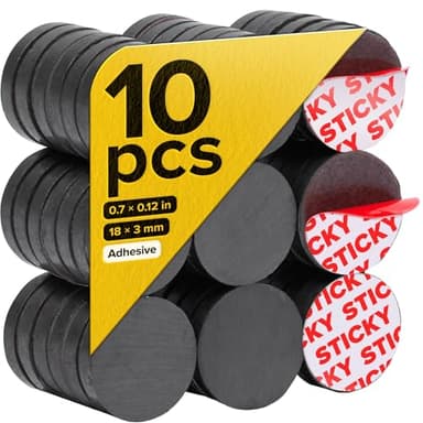 Strong Ceramic Round Small Magnets with Adhesive Backing (0.7x0.12/18x3mm, 10 pcs) - Heavy Duty Sticky Magnets, Non-Corrosive, Versatile for Home, Office, Workshop, Whiteboard, Fridge and Hobby Use