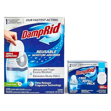 DampRid Drop Starter Kit with 1 Fresh Scent Moisture Absorbing Tab Odor Eliminator for Fresher, Cleaner Air, 15 Ounces. + 1 Free Fragrance Free Refill Pack(2 Tabs). Ilios Packaging.