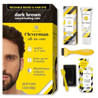 Reusable Hair & Beard Dye for Men – Dark Brown 3.1 | Up to 5 Uses, 7 Minutes | Natural Gray Coverage, No-Drip Cream with SkinArmour® – Cleverman