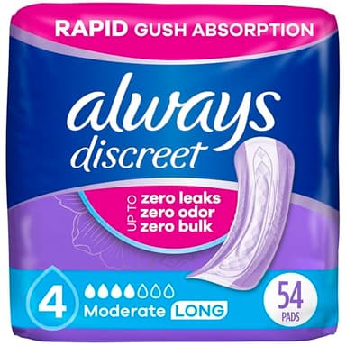 Always Discreet Adult Incontinence Pads for Women, Drier vs Poise, 4 Drop Long Length, Moderate Absorbency, Pads for Bladder Control Management, Bladder Leaks, & Postpartum Pads, 54ct