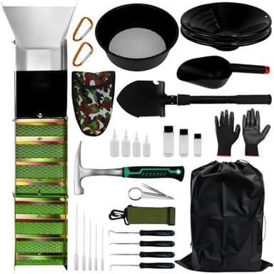 Complete Gold Panning Kit with 50" Folding Gold Sluice Box,Gold Mining Kits Include Gold Pan, Gold Classifier, Gold Prospecting Equipment,Gold Mining Accessories for Outdoor Treasure Hunting