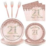 24 Sets 21st Rose Gold Birthday Party Decorations for Girls 21 Birthday Plates and Napkins Forks Party Supplies for 21 Year Old Birthday Disposable Party Favors