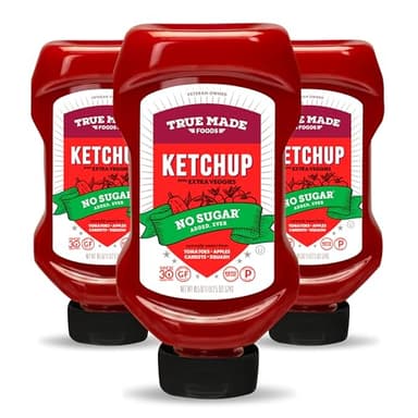 True Made Foods - No Sugar Added Ketchup - Condiment Squeeze Bottles Made with Fruit and Veggies for Barbeque Grilling and BBQ Toppings, Healthy Sauce for Cookout, Whole 30, Keto, Vegan (18.5 oz, 3 Pack)