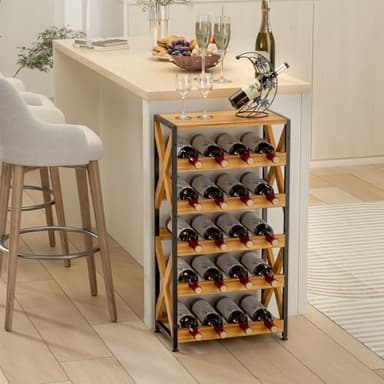 LUMAMU 20 Bottle Wine Rack Freestanding Floor with Wood Top,Wobble-Free 5 Tier Wine Display Storage Stand Shelf,Stackable Modular Wine Bottle Holder Rack for Kitchen,Cellar,Living Room