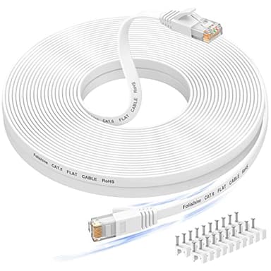 Folishine Ethernet Cable 100 ft, High Speed Cat 6e/Cat 6 Long Ethernet Cable with Snagless Rj45 Connector, High Speed Patch Cord Than Cat5e/Cat5, Flat White Shielded LAN Cable for Modem