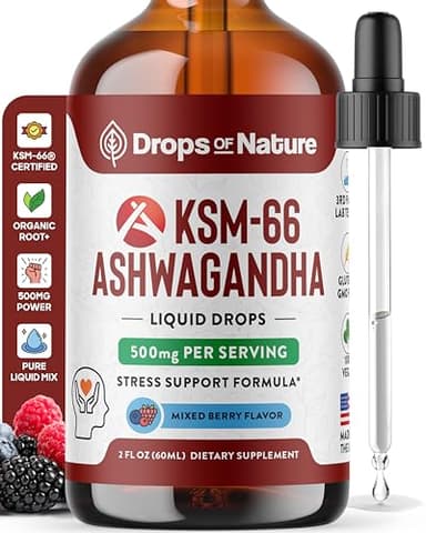 KSM-66 Ashwagandha Liquid Drops – Vegan, GMO Free & Fast Absorbing Form – Ashwagandha Supplements for Daily Wellness Support – Promotes Focus and Clarity – Supports Daily Vitality (Mixed Berry, 60ml)