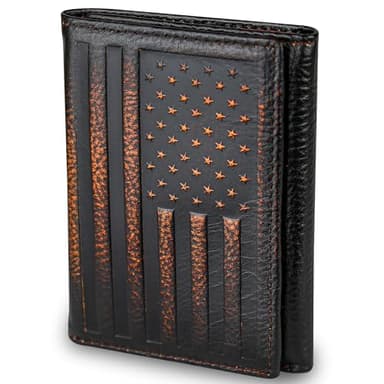 DK86 USA Flag Trifold Wallets for Men American Flag Wallet Full Grain Leather with Hand Burnished Tri-Fold Wallet RFID Blocking